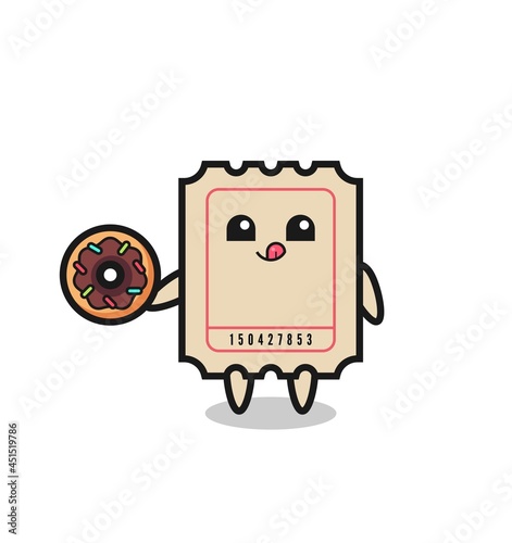illustration of an ticket character eating a doughnut