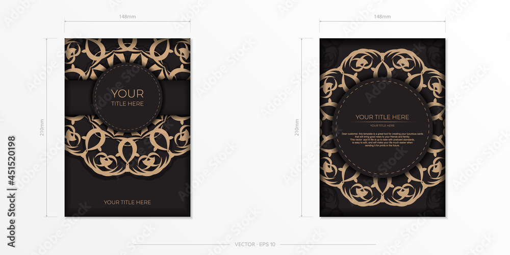 Rectangular postcard design in black with luxurious patterns. Vector invitation card with vintage ornament.
