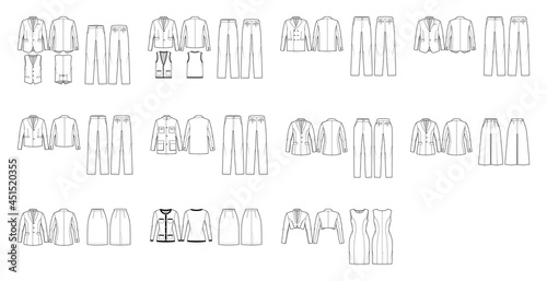 Set of Suits - classic Pants, jackets, blazers, dresses, vests technical fashion illustration with two - three pieces, double single breasted. Flat template front, back, white color. Women men CAD