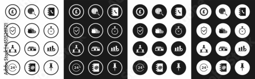 Set Address book, Coin money pound sterling symbol, Stopwatch, Magnifying glass globe, Presentation financial graph, schedule, chart, diagram, infographic, pie graph and Project team base icon. Vector