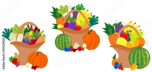 Attractive colorful vector set of fruits and vegetable baskets. It consist with apple  orange  banana  watermelon  pineapple  lemon  grapes  berries  pears  radish  pumpkin  leeks  mushroom etc.