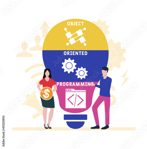Flat design with people. OOP - Object Oriented Programming acronym. business concept background. Vector illustration for website banner, marketing materials, business presentation, online advertising