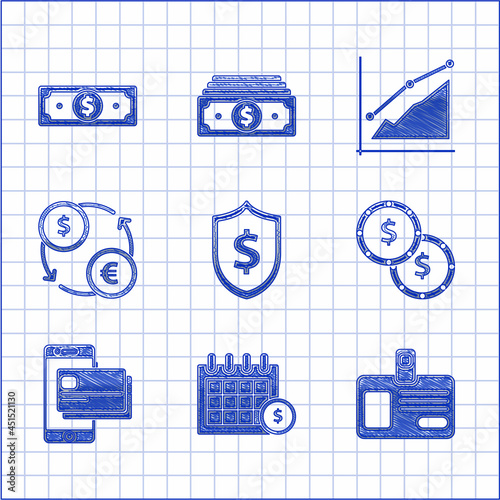 Set Shield with dollar symbol, Financial calendar, Identification badge, Coin money, Mobile phone and credit card, Money exchange, Pie chart infographic and Stacks paper cash icon. Vector