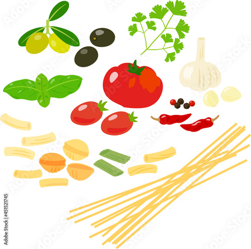 イタリアンパスタの食材のイラストセット