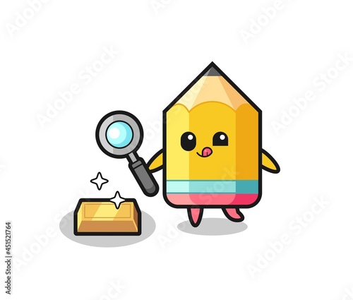 pencil character is checking the authenticity of the gold bullion