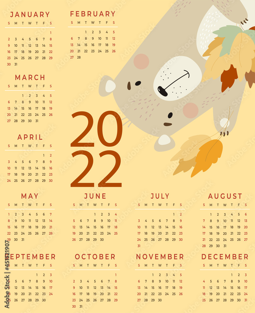 Annual Calendar for 2022. Cute bear with autumn leaves on a yellow background. Vector illustration. Vertical calendar template A3 for 12 months in English. Week starts on Sunday. Stationery, decor