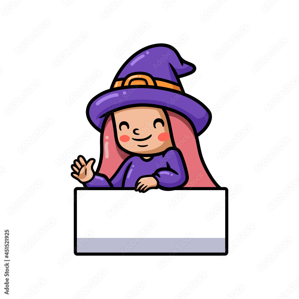 Cute little witch girl cartoon with blank sign