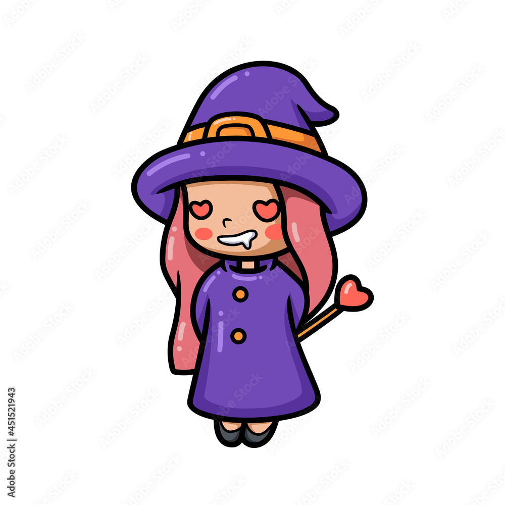 Cute little witch girl cartoon with red heart eyes