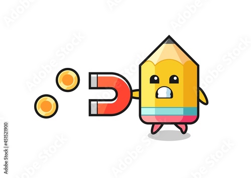 the character of pencil hold a magnet to catch the gold coins