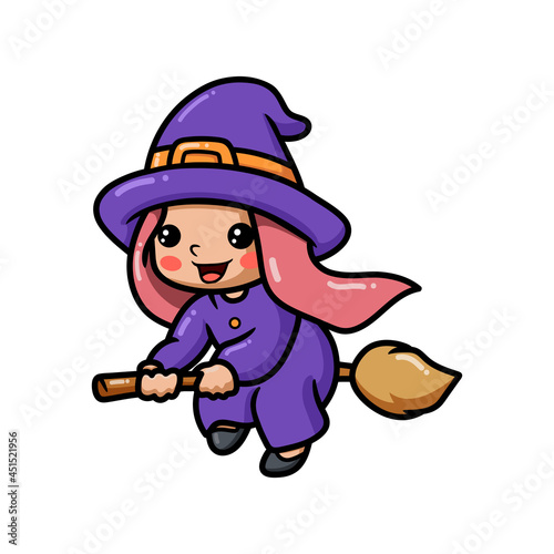 Cute little witch girl cartoon on broomstick
