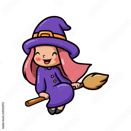 Cute little witch girl cartoon sitting on broomstick