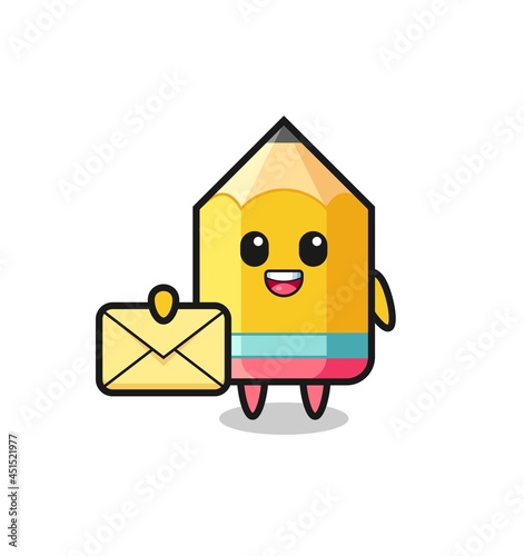 cartoon illustration of pencil holding a yellow letter