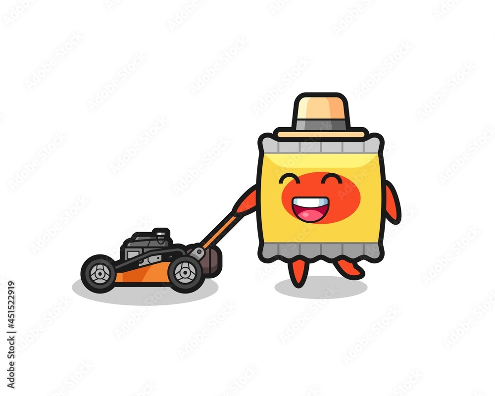 illustration of the snack character using lawn mower