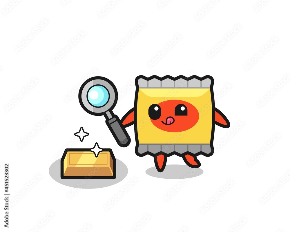 snack character is checking the authenticity of the gold bullion