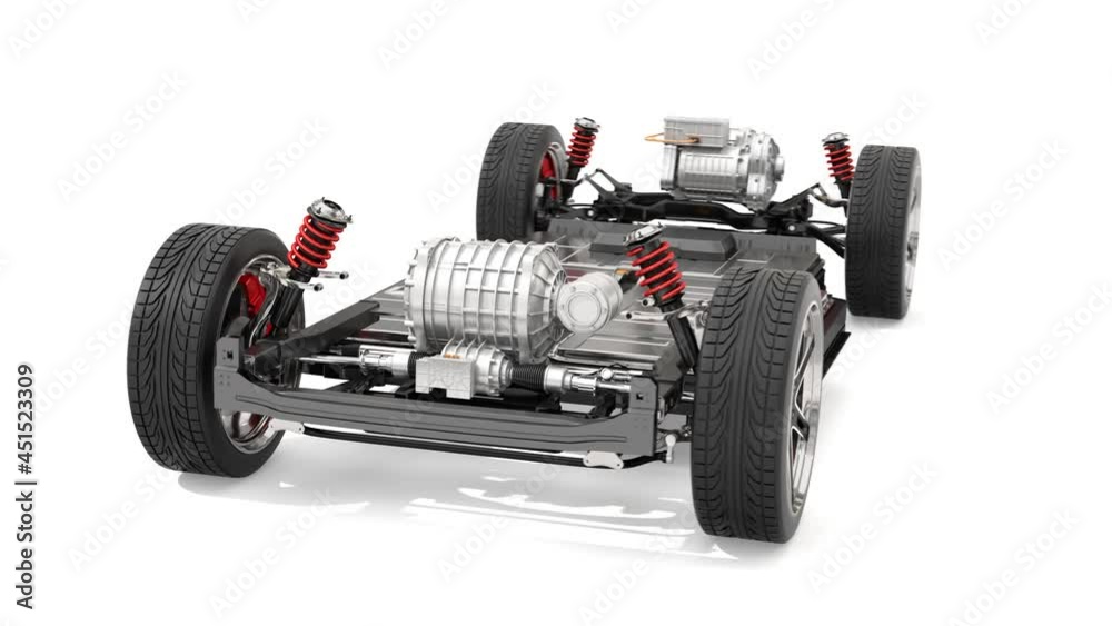 Electric vehicle chassis equipped with battery pack on white background. 3D rendering animation. Electric vehicle chassis equipped with battery pack on white background. 3D rendering animation.