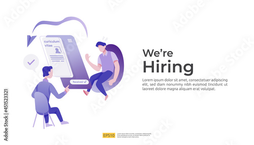 recruitment and employer hiring concept with businessman people character. vacancy interview process for social media job template, web landing page, banner, HR presentation. Vector illustration