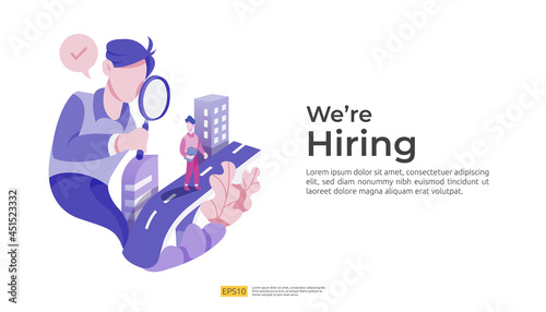recruitment and employer hiring concept with businessman people character. vacancy interview process for social media job template, web landing page, banner, HR presentation. Vector illustration