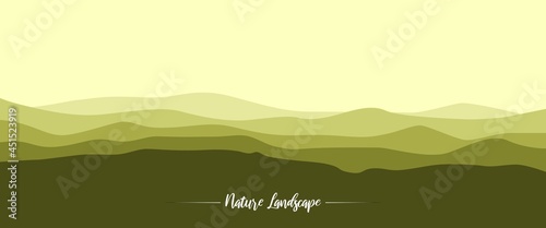 Landscape vector illustration of mountain with hill layers. Adventurial landscape illustration good for background, backdrop design, desktop background, adventurial banner, travel banner.