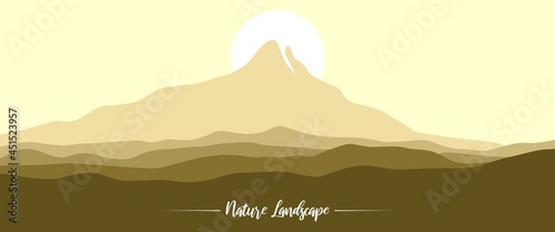Landscape vector illustration of mountain with hill layers and sun. Adventurial landscape illustration good for background, backdrop design, desktop background, adventurial banner, travel banner.