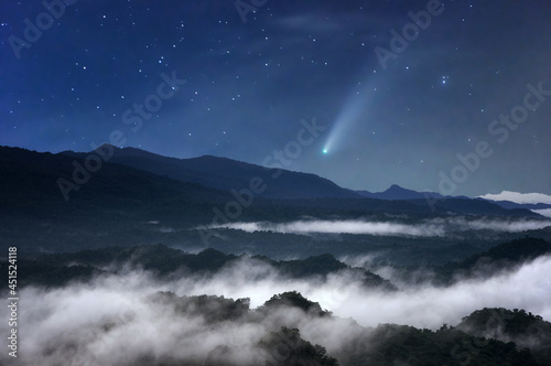 The sea of mist at night in the forest in the sky with meteors. © 24Novembers