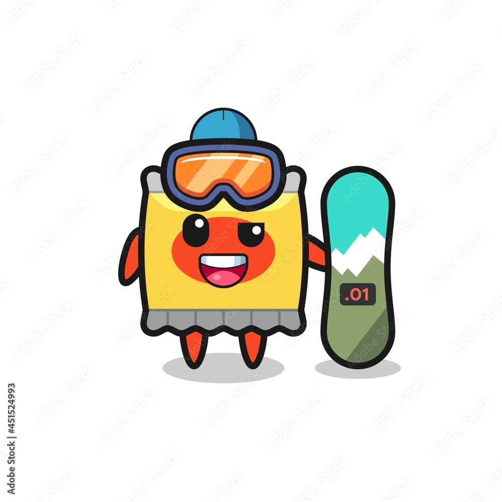 Illustration of snack character with snowboarding style