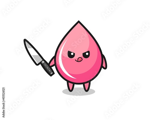 cute strawberry drop juice mascot as a psychopath holding a knife