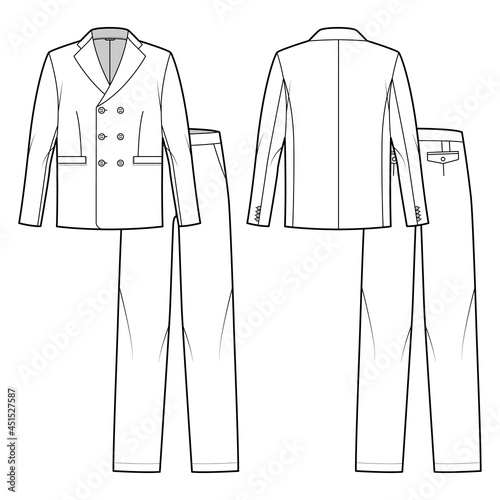 Set of Suit double breasted - classic mens trouser and jacket technical fashion illustration with two - pieces, long sleeves, pockets. Flat template front, back, white color. Women, unisex CAD mockup