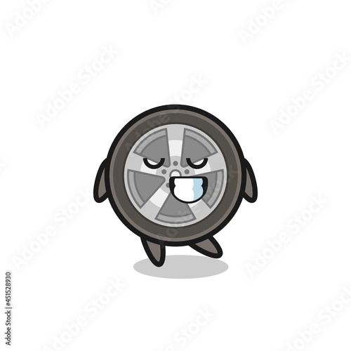 car wheel cartoon illustration with a shy expression