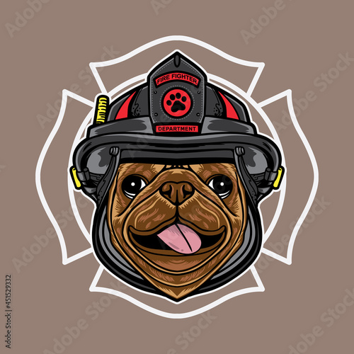 Vector graphic logo design of pug dog cartoon with vintage retro fire fighter style in isolated background. Good for icon, mascot, badge, emblem, banner, poster, flyer, social media post, shirt