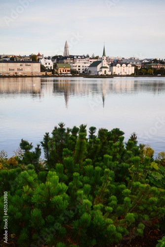 A partial view of downtown Reykjavík, capital city of Iceland, from the banks of Tjörnin lake