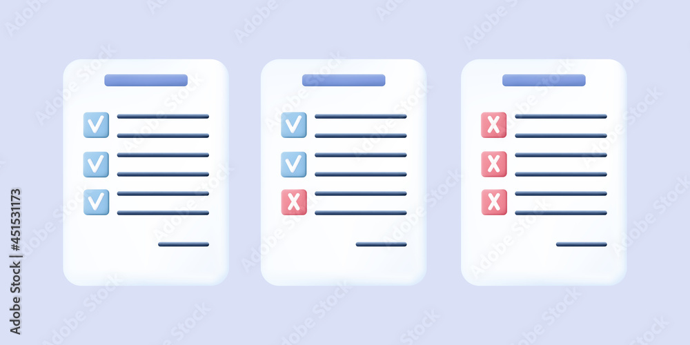 Checklist 3d. Form of a document or questionnaire with the result of the survey. Exam or quiz with checkbox accepted or rejected. Completed task on a paper page of a document or checklist. Vector