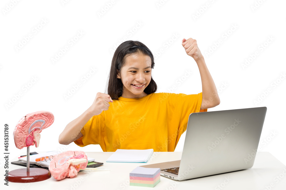 Asian little girl with laptop attending to online school class Asian little girl with laptop attending to online school class