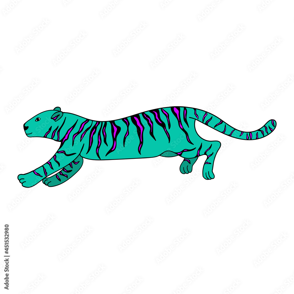 Vector image of a turquoise tiger with purple stripes. Hand-drawn. Design of posters, postcards, invitations, decor. Vector image of a turquoise tiger with purple stripes. Hand-drawn. Design of posters, postcards, invitations, decor.