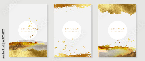 Luxury wedding invitation card background  with golden line art flower and botanical leaves, Organic shapes, Watercolor. Abstract art background vector design for wedding and vip cover template.
