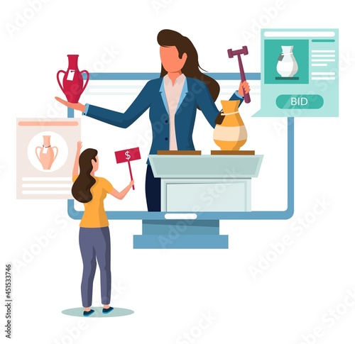 Auctioneer selling vintage vase from computer, bidder making bids, vector illustration. Online auction. Internet bidding