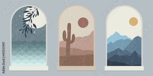 Mid Century Modern Landscape Set. Boho Landscape Set with Sea, Desert and Mountain. Abstract Backgrounds for Wall Art Decor, Print, Poster, Social Media. Vector EPS 10