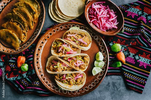 Obraz mexican cochinita pibil tacos with habanero sauce traditional food in Yucatan Mexico