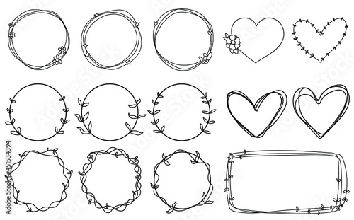 Doodle frames set hand drawn. Round, hearts lines with flowers, stars, space, plants. Valentine's day for wedding isolated collection.