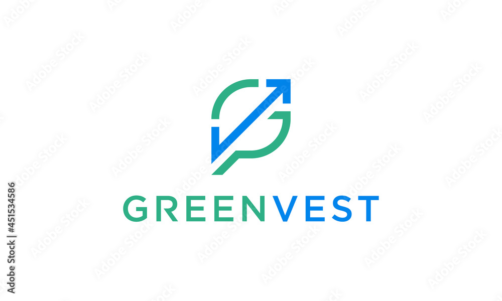 Green Leaf Shape Arrow up Growth with Initial Letter GV VG Financial Investment Logo Design Inspiration