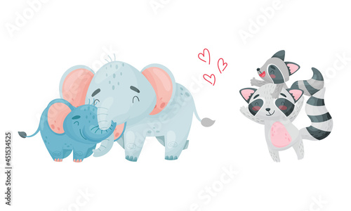 Mother and baby animals set. Elephant and raccoon moms hugging their kids cartoon vector illustration