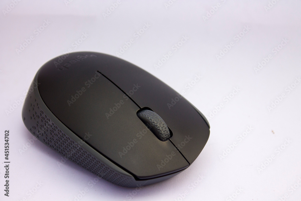 Black Wireless Computer Mouse isolated on white background. selective focus