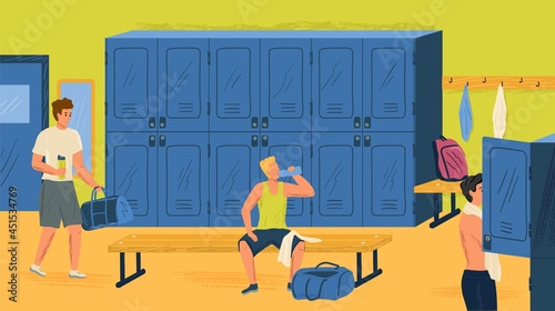 Gym locker room concept vector illustration. Man with sports bag in locker room changing his clothes. Fitness club interior