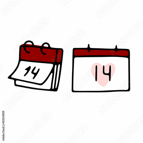 Doodle calendar with the number 14. Hand-drawn paper planner with the date of February 14th. Outline symbol of plan, deadline, Valentines Day, event. Important day reminder symbol. Vector illustration
