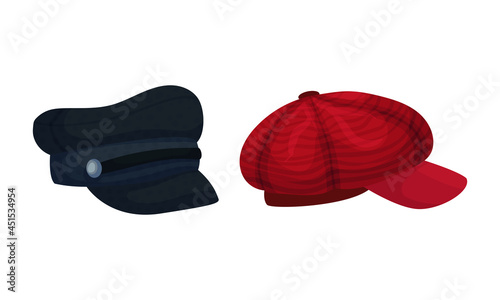 Set of headgears, black and red retro caps cartoon vector illustration