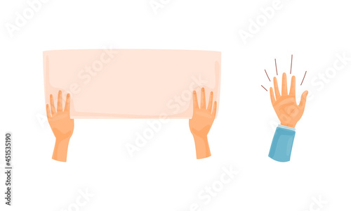 Hands holding blank placard, raised arm voting set cartoon vector illustration