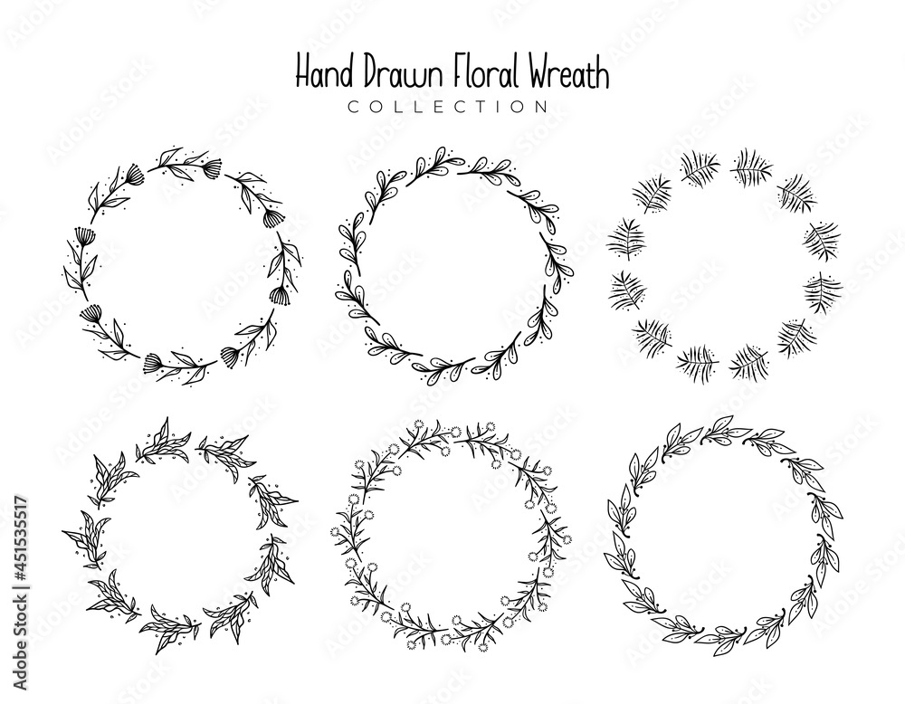 Set of 6 hand drawn floral wreath vector illustration