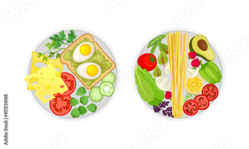 Healthy breakfast set. Top view of plates with balanced healthy food vector illustration