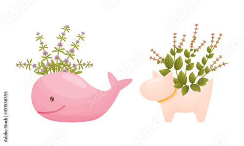 Garden potted plants in pots of different shapes set. Ceramic flower pots in shape of whale and dog vector illustration
