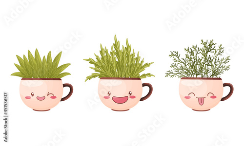 Garden potted herbs in ceramic pots in shape of cups with smiling faces vector illustration