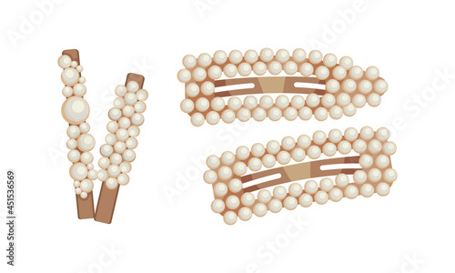 Fashion hair clips with pearls set. Hair accessories cartoon vector illustration